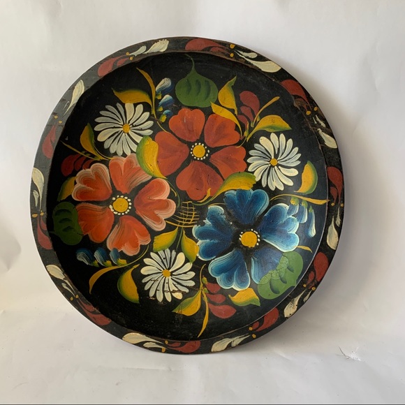 Vintage // 70s style hand painted floral wood bowl wall hanging no hook